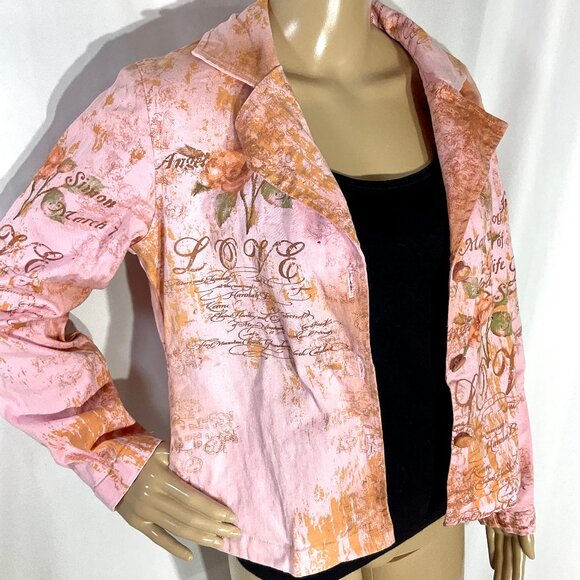 Pink Printed Sz S Button Up Jean Jacket Daniel Benjamin - Picture 1 of 12